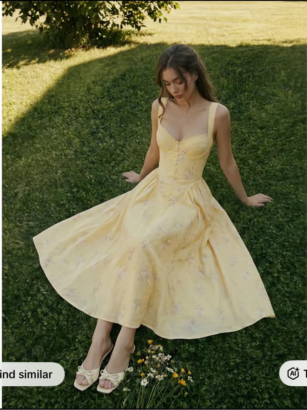 Yellow Floral Midi Dress with Sweetheart Neckline